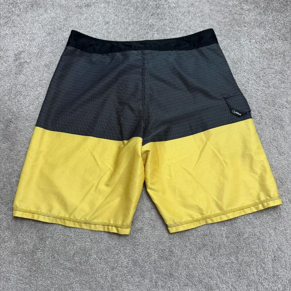 Da Hui Board Shorts Swim Trunks Mens 36 Black Yellow Striped Surfing Summer